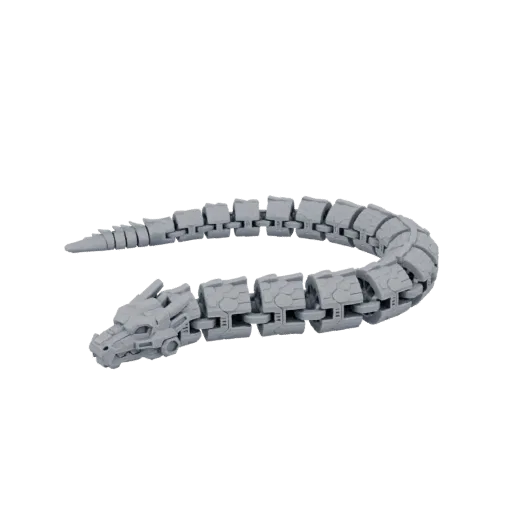 A 3D render of a gray, articulated mechanical dragon with a segmented body and a detailed head, posed in a curve against a wh