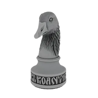 3D model of a gray duck chess piece with detailed feathers and an inscribed base.