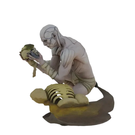 3D model of a pale, Giger-esque humanoid figure with intricate details, holding a skull, resting on a skeletal base.