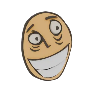 Modello 3D del meme Trollface, con un ampio sorriso e occhi spalancati, renderizzato su sfondo bianco.