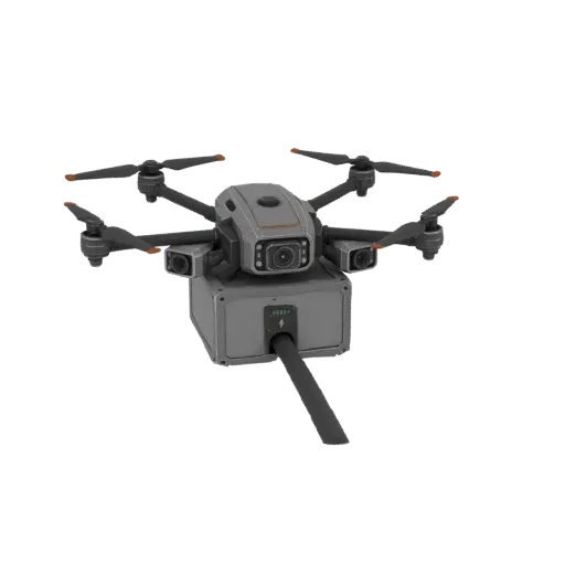 3D model of a gray reconnaissance drone with four rotors and a detachable payload module, against a white background.