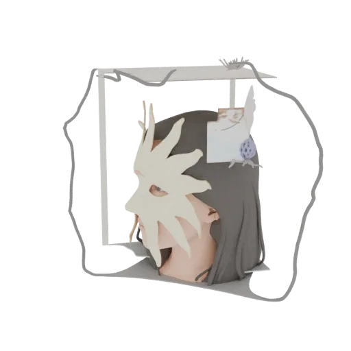 3D model render of a human head wearing a cream-colored, sun-shaped mask with sharp points, and a small bird figurine on top.