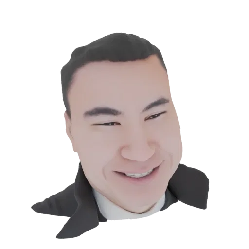 AI-generated 3D head model of a person with a black jacket, showing a friendly smile and dental braces.