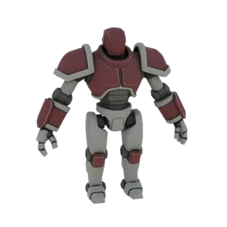 3D model of a Heavy Mech Warrior with red and grey armor, standing against a black background.