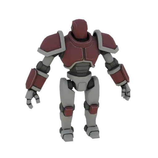 3D-Modell eines Schweren Mech-Kriegers mit rot-grauer Panzerung, stehend vor schwarzem Hintergrund.