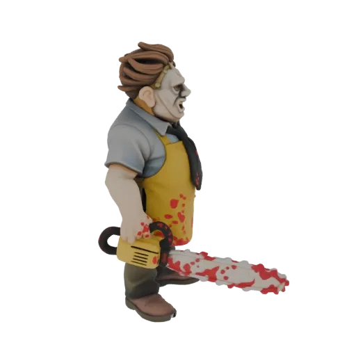 A 3D render of a chibi-style Leatherface character holding a blood-splattered chainsaw, presented on a white background.