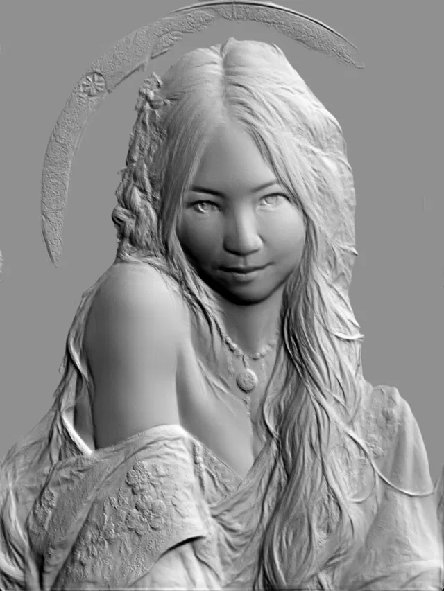 3D model of an Art Nouveau bas-relief of a young woman with wavy hair and jewelry