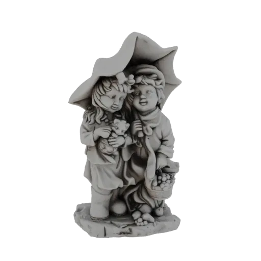 3D model of two children sharing an umbrella, one holding a kitten and the other a basket of fruit, rendered in a stone-like texture.