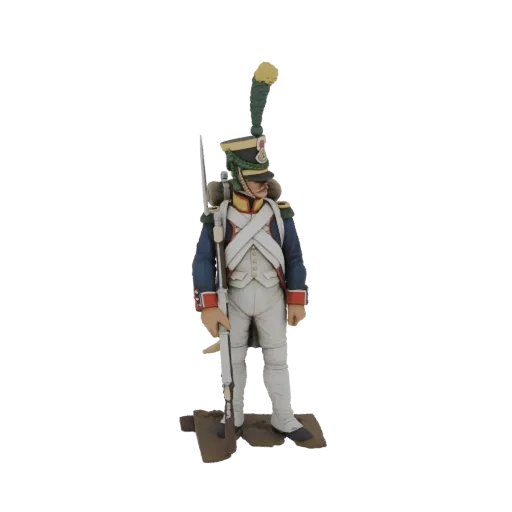 Modelo 3D de um soldado da era Napoleónica em uniforme, segurando um mosquete, em pé sobre uma base de madeira.
