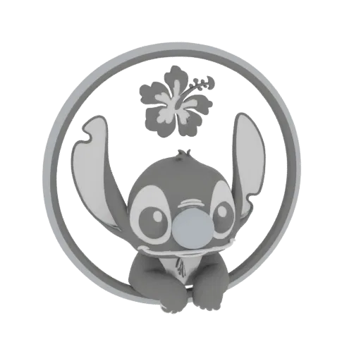 3D model of Stitch from Lilo & Stitch, peeking from a circular frame with a hibiscus flower above his head, rendered in grays