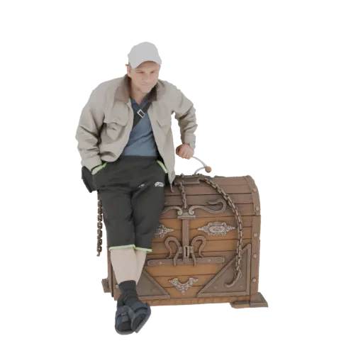 Modelo 3D de um homem de jaqueta e shorts apoiado em um baú de tesouro detalhado e ornamentado.