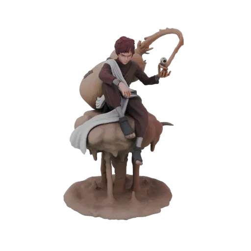 3D model of Gaara from Naruto sitting on a swirling sand platform, holding a sphere of sand.