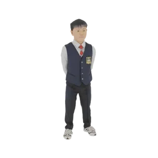 Modèle 3D d'un jeune garçon en gilet scolaire bleu foncé, chemise blanche et cravate rouge, debout, mains derrière le dos.