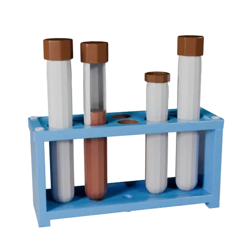 Chemistry Test Tube Rack Low Poly 3D model, game viewport three-quarter view, showing glass, recognizable lab forms.