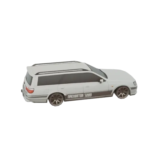 Vista lateral de un modelo 3D de un familiar blanco con una calcomanía "MAGIBATOR 5000" y ventanas tintadas oscuras.