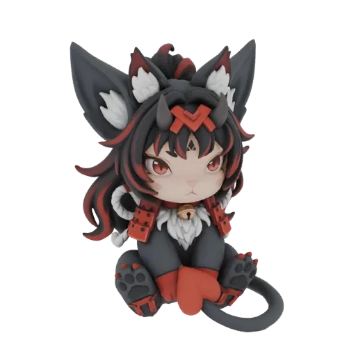 3D model of a cute chibi kitsune warrior sitting down, wearing samurai-inspired armor with red accents and a bell around its