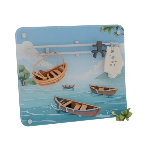 3D model of a wall hanger with boats on a lake, with clothing hooks