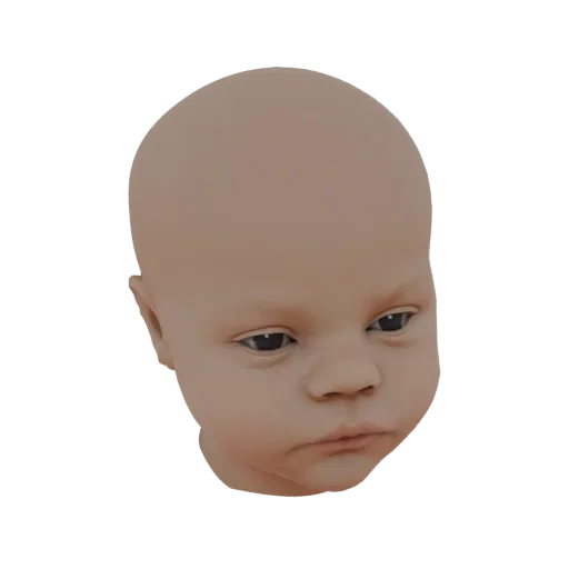 A 3D render of a baby's head with a neutral expression, showcasing detailed facial features.