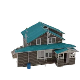 Modèle 3D d'une maison en bois à deux étages avec revêtement brun et un toit turquoise vif, avec porche et cheminée.