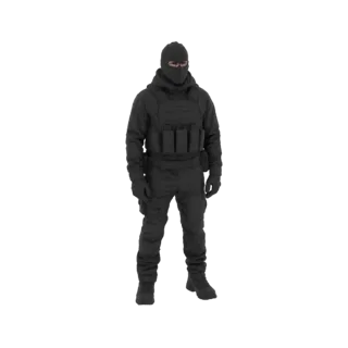 Modèle 3D d'un opérateur tactique portant une cagoule noire, un gilet tactique et un équipement de combat, en pose neutre.