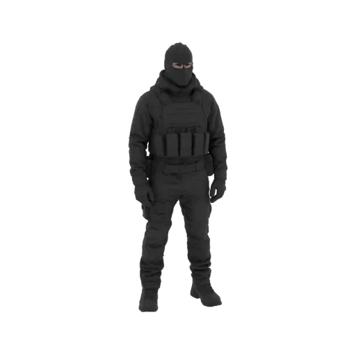 3D model of a tactical operator wearing a black balaclava, tactical vest, and combat gear, standing in a neutral pose.
