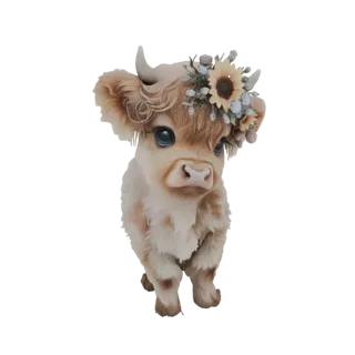 Modelo 3D de uma bezerra Highland fofa e peluda com uma coroa de girassóis e pequenas flores azuis e brancas, olhando para fr