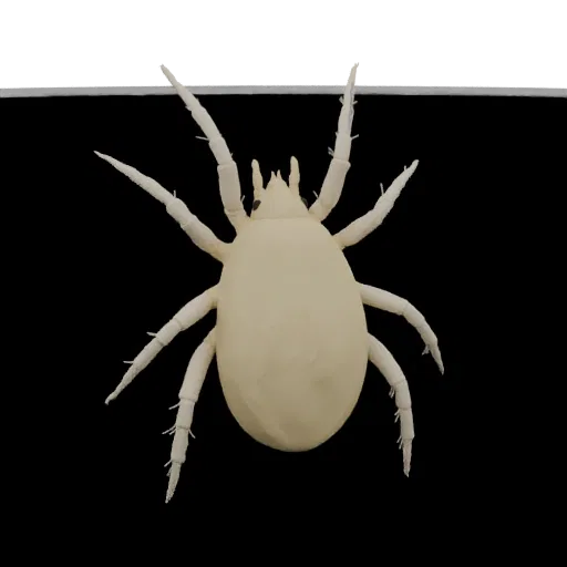 A top-down view of a pale, eight-legged mite 3D model against a black background.