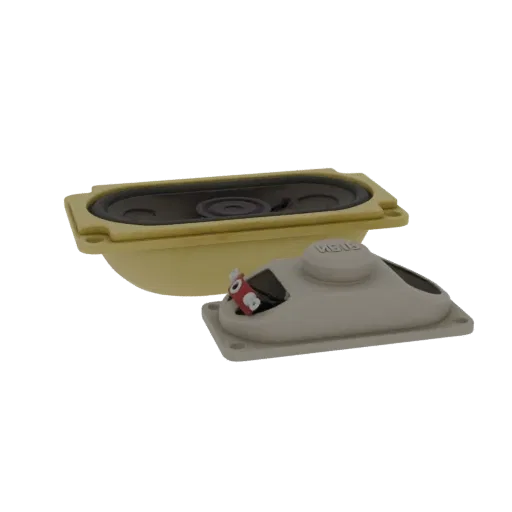 3D model of a miniature oval speaker with a yellow frame, next to its light gray housing, featuring a small red and white car