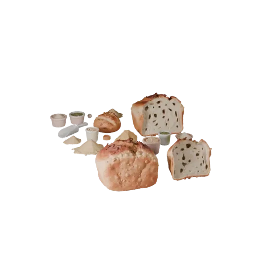 Bread Loaf Realistic 3D model, three-quarter studio render, showing powders, small ingredient shapes.