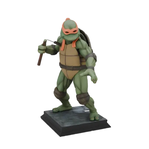3D model of Michelangelo from Teenage Mutant Ninja Turtles, wearing an orange mask and holding nunchucks, standing on a displ