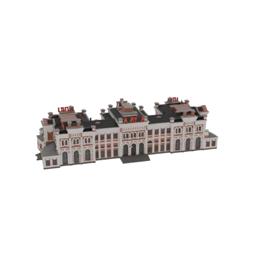 3D model of a large, ornate Victorian train station with red brick accents and a multi-gabled roof, viewed from a slightly el