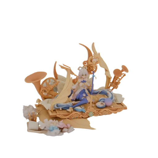3D model of an ethereal female figure sitting amidst ornate brass musical instruments like trumpets and horns, on a decorative base.