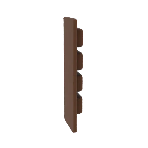 Side view of a 3D model of a chocolate bar with four distinct segments, rendered in a realistic brown color.
