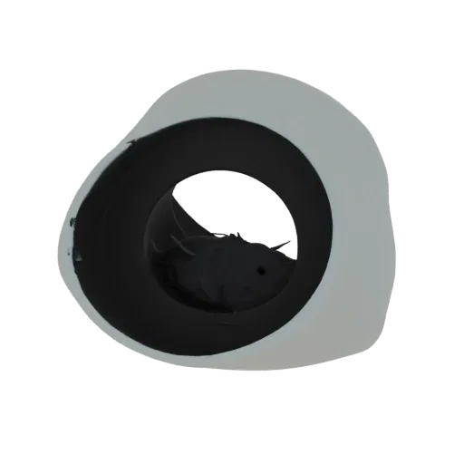 3D render of an abstract geometric lens with a light gray exterior and a dark, recessed interior, set against a black backgro