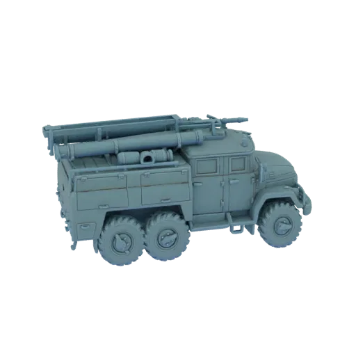 3D model of a gray, unpainted 6x6 military truck with a large rocket launcher system on the back, shown from a side-angle.