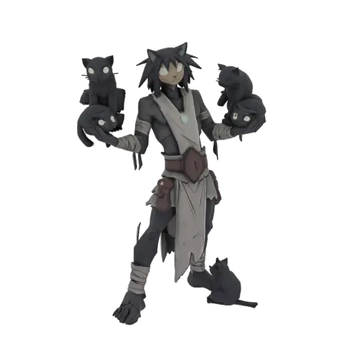 3D model of a stylized anthropomorphic cat character holding several kittens, with a clay-like texture.