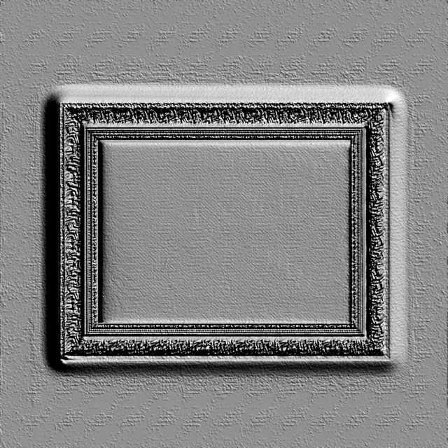3D-Modell eines Reliefrahmens im Gravurstil, mit detailliertem Muster und Textur, auf grauem Hintergrund.
