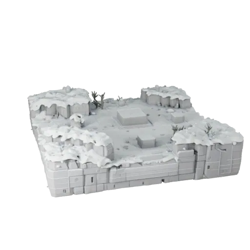 Snowy Ambush Base Modular 3D model, isometric modular kit view, showing sculpted terrain, snow banks.