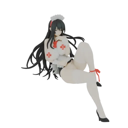 3D model of an anime nurse character with black hair, wearing a white nurse outfit with red cross symbols, in a reclining pos