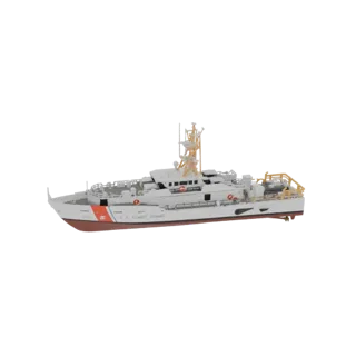 Modèle 3D d'un navire Sentinel de la Garde Côtière Américaine, un bateau de patrouille blanc avec des marquages de coque oran