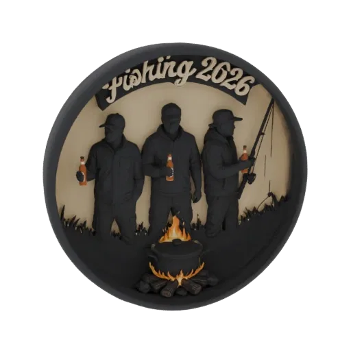 3D model of three silhouetted figures around a campfire with fishing rods and bottles, text 'Fishing 2026' above.