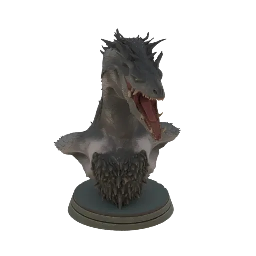 3D model of a fierce dragon bust with an open mouth, sharp teeth, and a prominent spiked mane, displayed on a circular base.