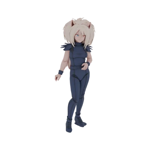 3D render of an anime girl with blonde hair and heterochromia, wearing a dark blue tactical suit, standing against a white background.