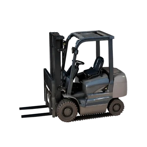 Modèle 3D de chariot élévateur d'entrepôt, vue de profil, rendu de fenêtre technique, montrant l'acier peint, le détail de la