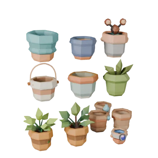 Cozy Plant Pot Low Poly 3D model, game viewport three-quarter view, showing ceramic, recognizable everyday shapes.