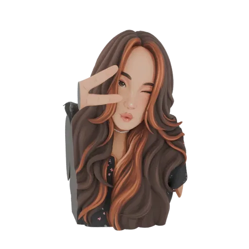 Render de modelo 3D de una chica de anime estilizada con cabello largo castaño y rojizo, guiñando un ojo y haciendo la señal