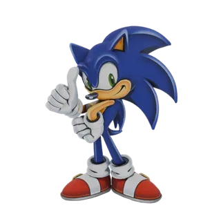 Modelo 3D de Sonic el Erizo haciendo el gesto de pulgar arriba, con una sonrisa amigable y picos azules.