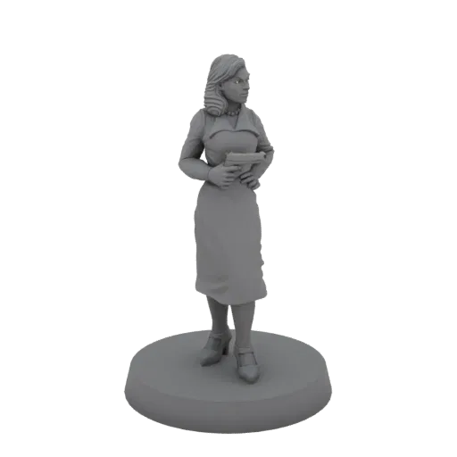 3D model of a 1940s female detective in a suit, holding a pistol, standing on a circular base.