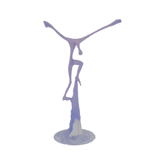 3D render of an abstract humanoid sculpture with flowing lines and a pale purple gradient, posed dynamically.