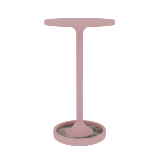 A 3D render of a modern pedestal side table with a matte pink finish and a marble-effect circular base.
